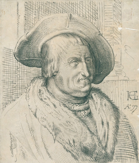 Artwork by Hendrick Goltzius, Fantasieportrait eines älteren Mannes mit Hut u, Made of Engraving
