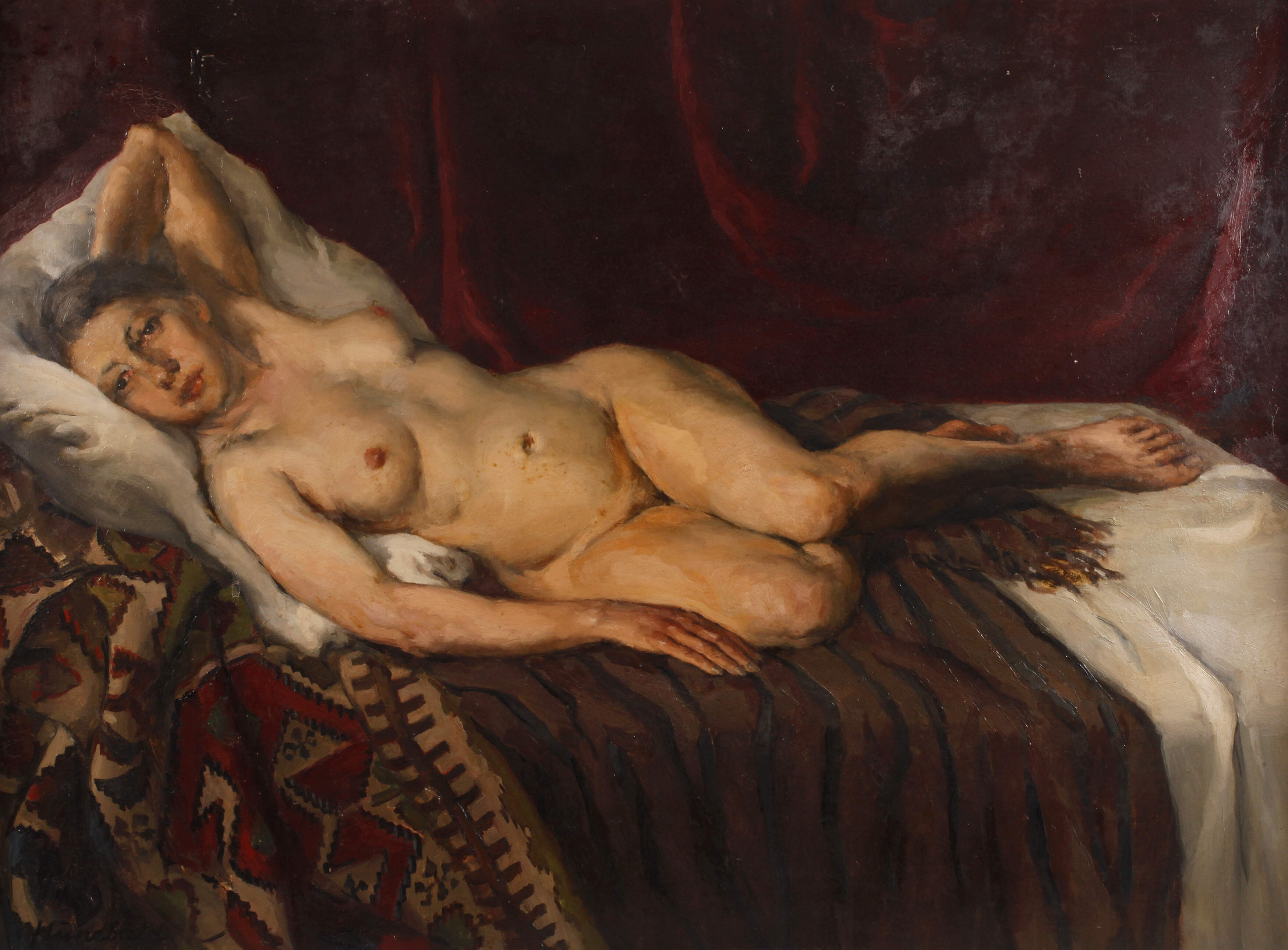 Artwork by Hans Hunnebald, Mädchenakt, Made of Öl auf Hartfaserplatte