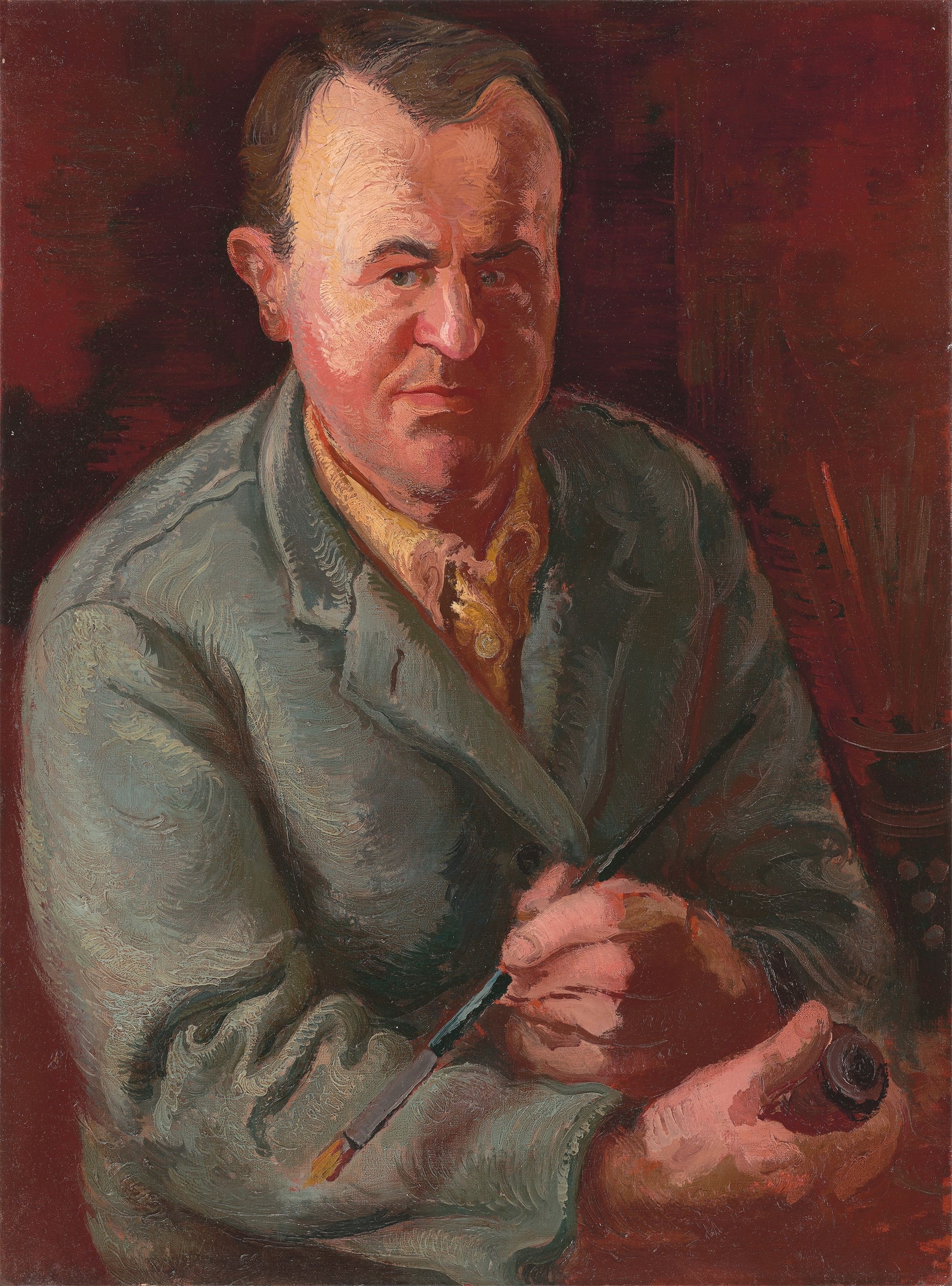 Self Portrait with Brush and Pipe. by George Grosz, 1938
