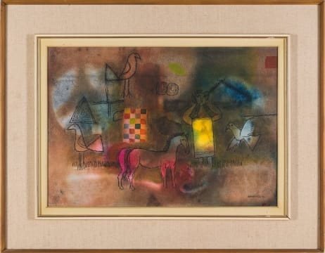 Artwork by Louis Maqhubela, Figure with Animals, Made of pastel on paper