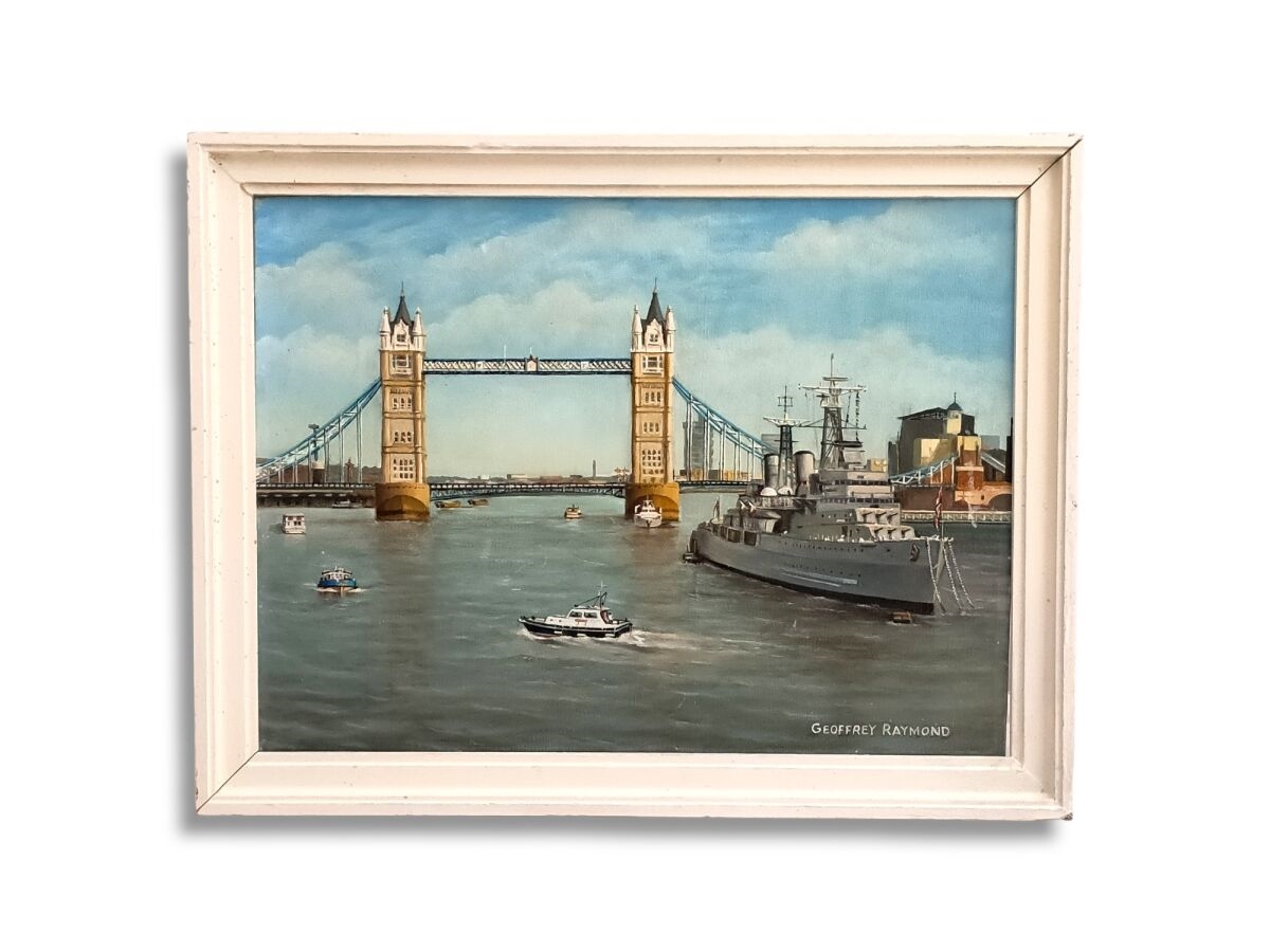Artwork by Geoffrey Raymond, Tower bridge and HMS Belfast, Made of oil on canvas