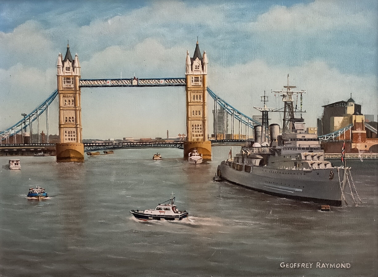 Artwork by Geoffrey Raymond, Tower bridge and HMS Belfast, Made of oil on canvas