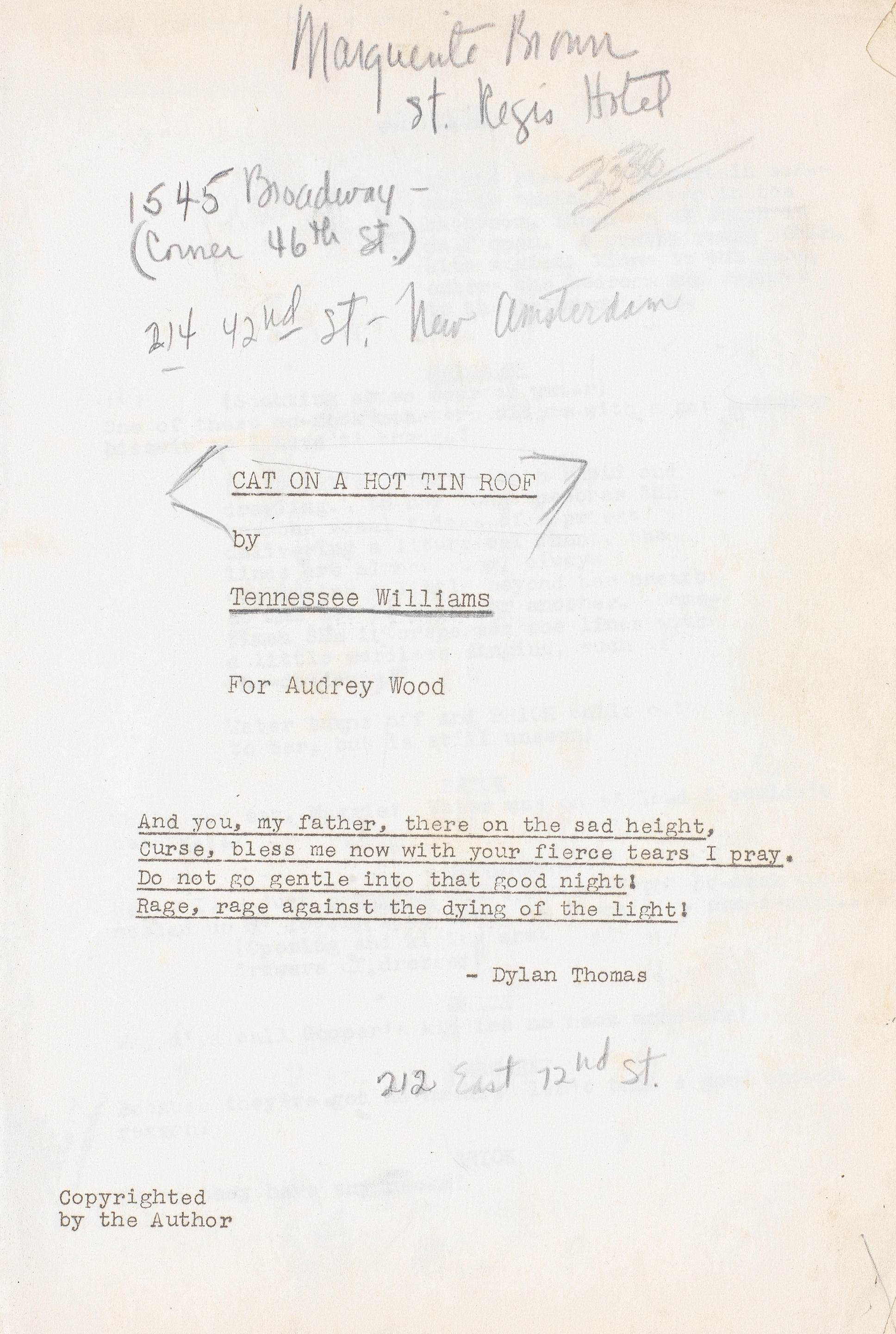 Tennessee Williams | A Rare Rehearsal Script For The Original Broadway ...