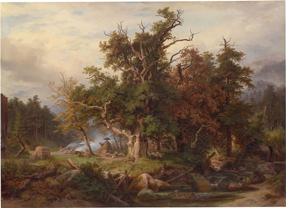 ”Thüringer Waldlandschaft mit Köhlerhütte” (eng. "Thuringian Forest Landscape with Charcoal Burner's Hut"). by Friedrich Preller the Elder, 1842