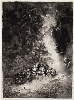 A dramatic monochromatic etching of a rocky outcrop under a turbulent sky.