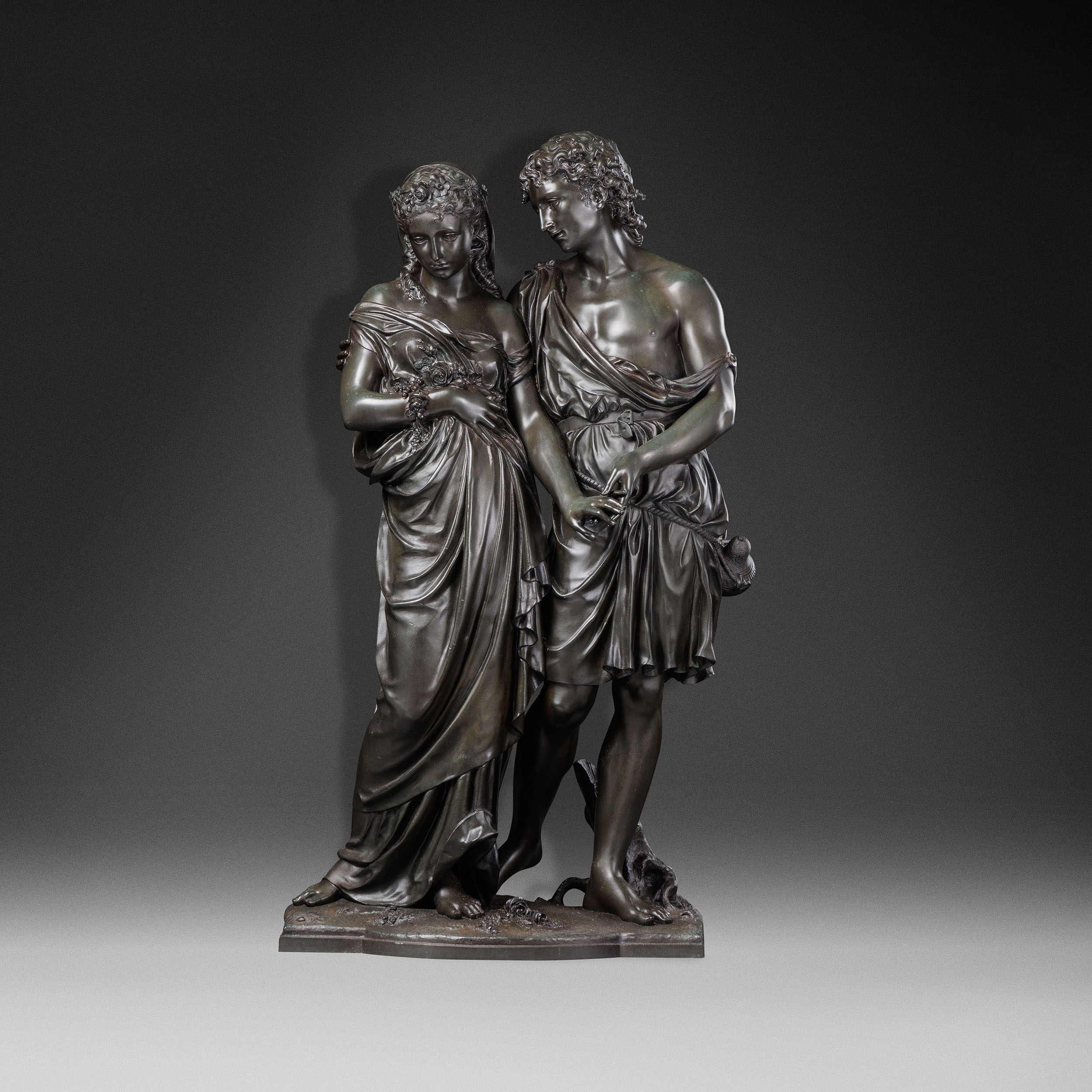Artwork by Jean-Baptiste Germain, The loving couple, Made of green brown patina