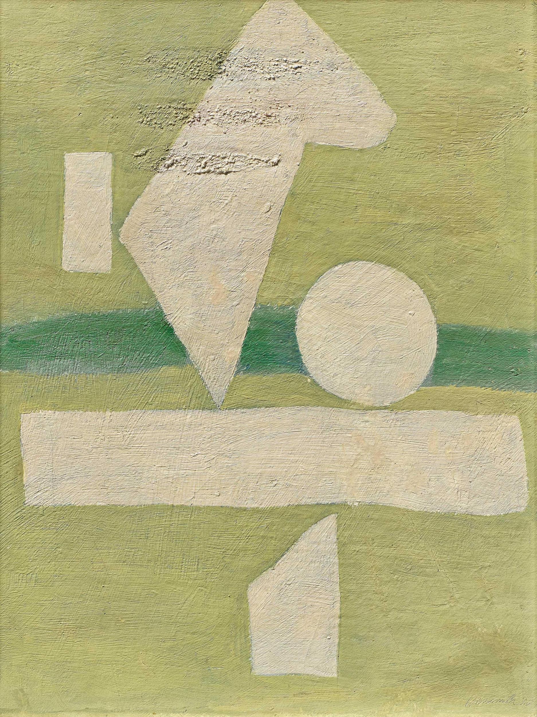 Artwork by Willi Baumeister, Weißes Zeichen auf Hellgrün., Made of Oil on canvas