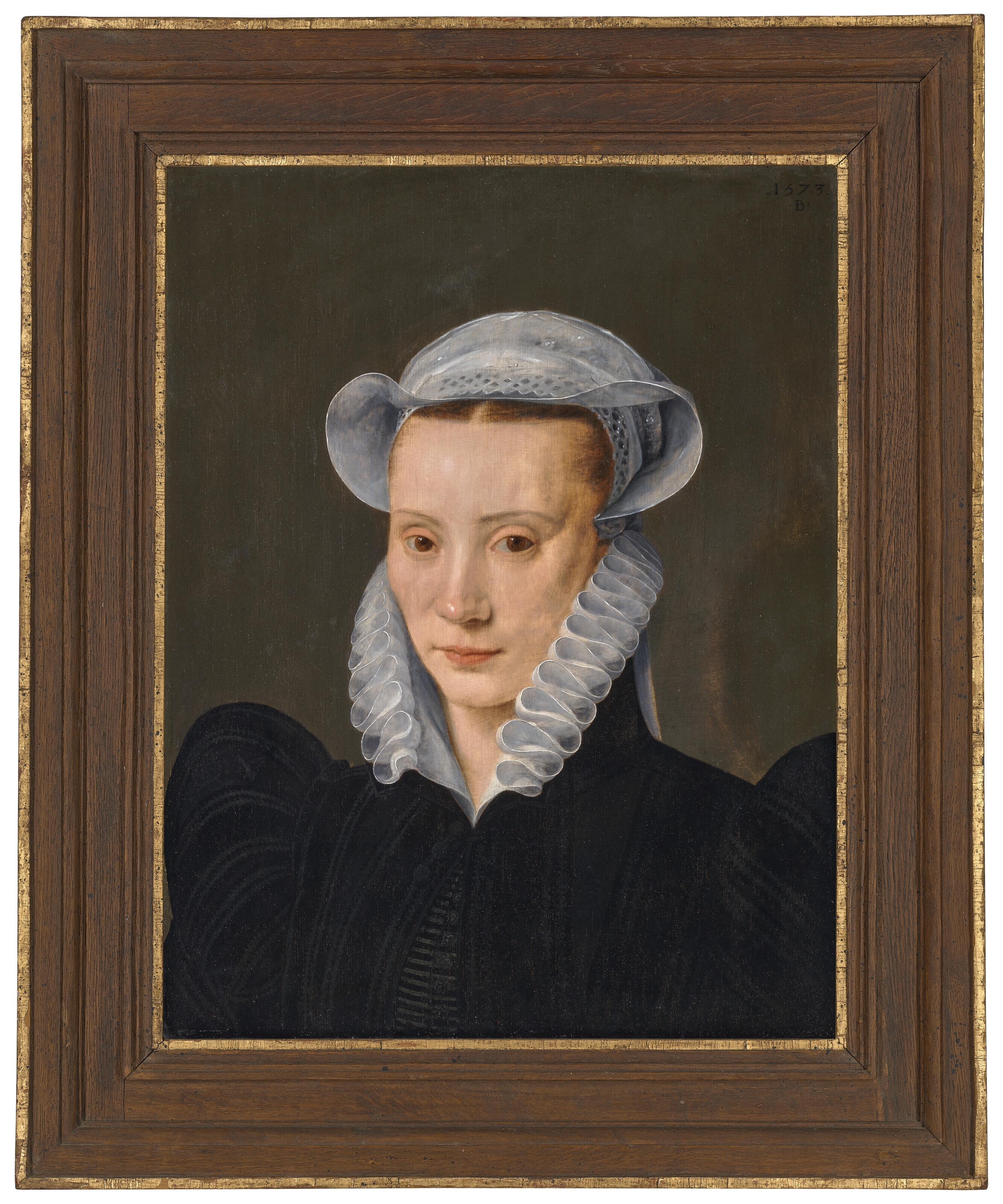 Artwork by Bernaert de Rijckere, Portrait of a lady, bust-length, in a black dress with a white ruff and cap, Made of oil on panel