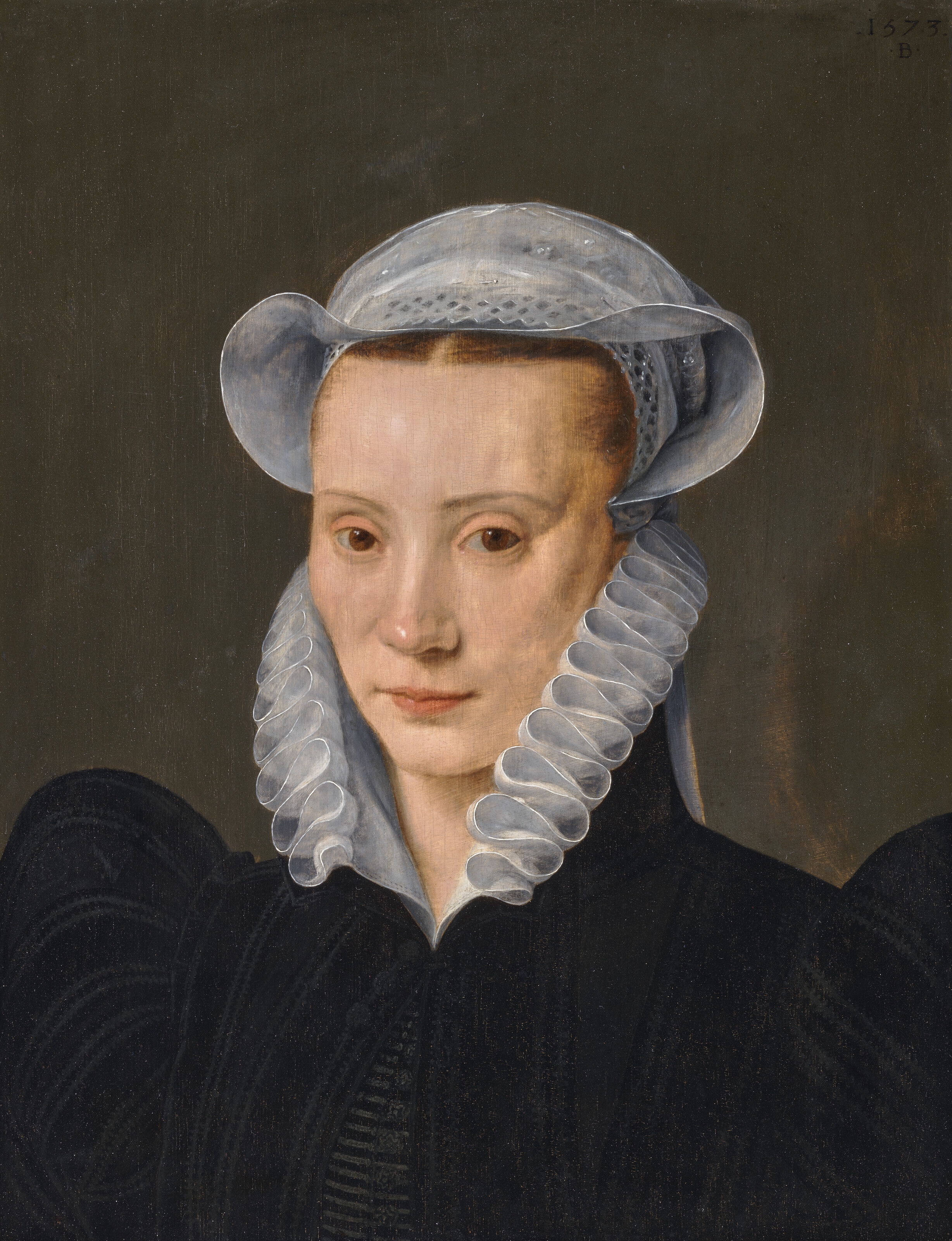 Artwork by Bernaert de Rijckere, Portrait of a lady, bust-length, in a black dress with a white ruff and cap, Made of oil on panel