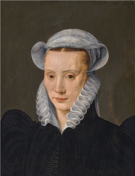 Portrait of a lady, bust-length, in a black dress with a white ruff and cap - Bernaert de Rijckere