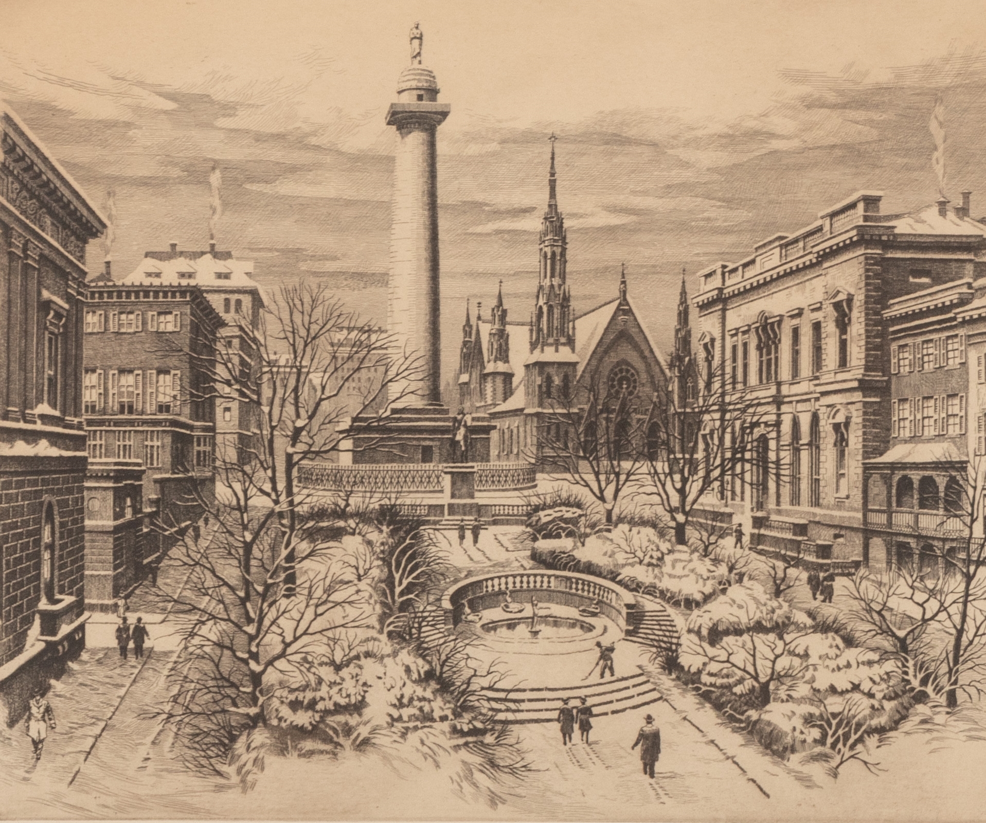 Artwork by Karoly Szanto, Mt Vernon Place, Winter, Made of etching