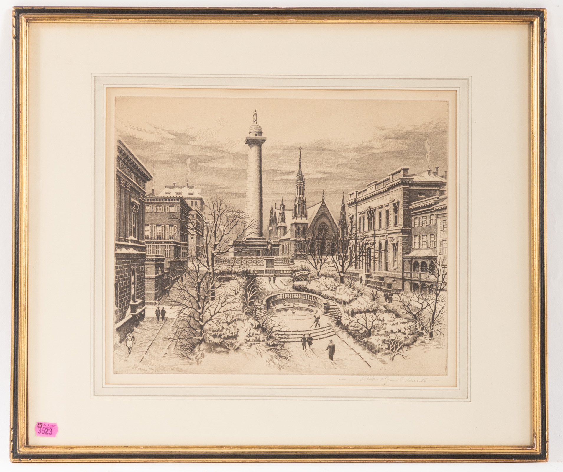 Artwork by Karoly Szanto, Mt Vernon Place, Winter, Made of etching