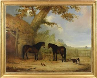 Farm yard scene with two horses, dog and chickens - B. Aplin Howe