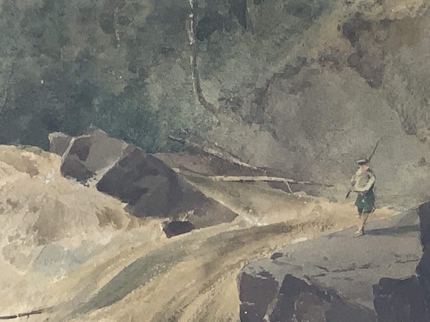 Artwork by B.J.M. Donne, fisherman on rock by waterfall pool edge, Made of watercolour