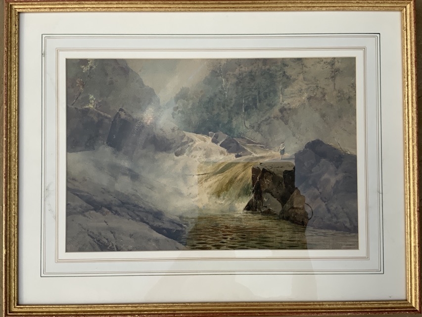 Artwork by B.J.M. Donne, fisherman on rock by waterfall pool edge, Made of watercolour
