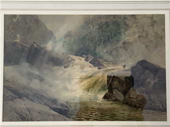 fisherman on rock by waterfall pool edge - B.J.M. Donne