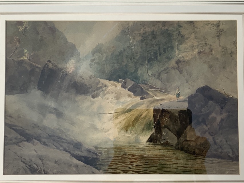 Artwork by B.J.M. Donne, fisherman on rock by waterfall pool edge, Made of watercolour