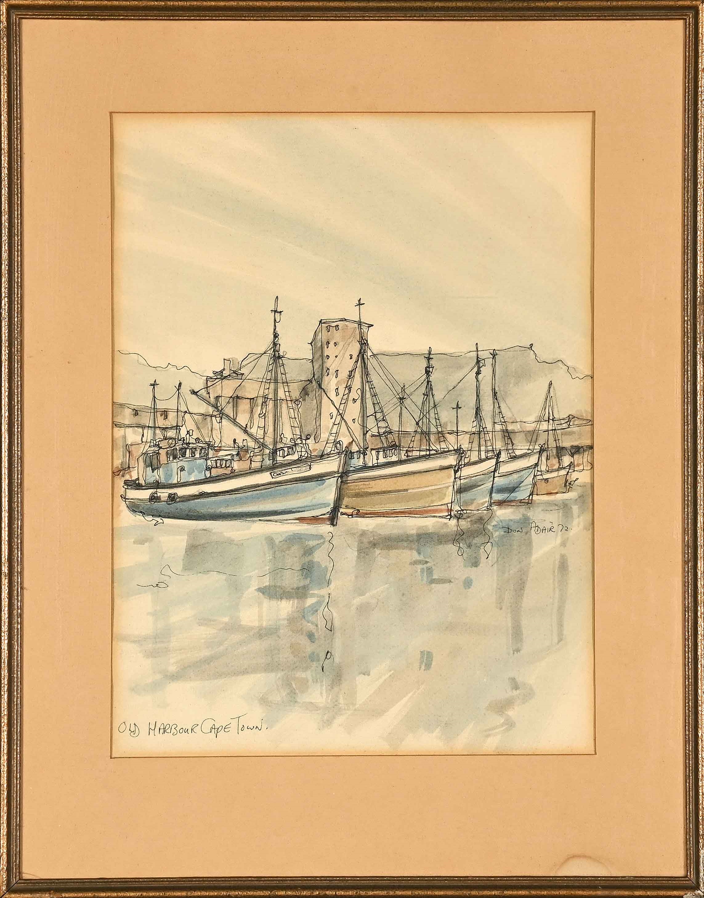 Artwork by Don Adair, Old Harbour, Cape Town, Made of watercolour and ink on paper
