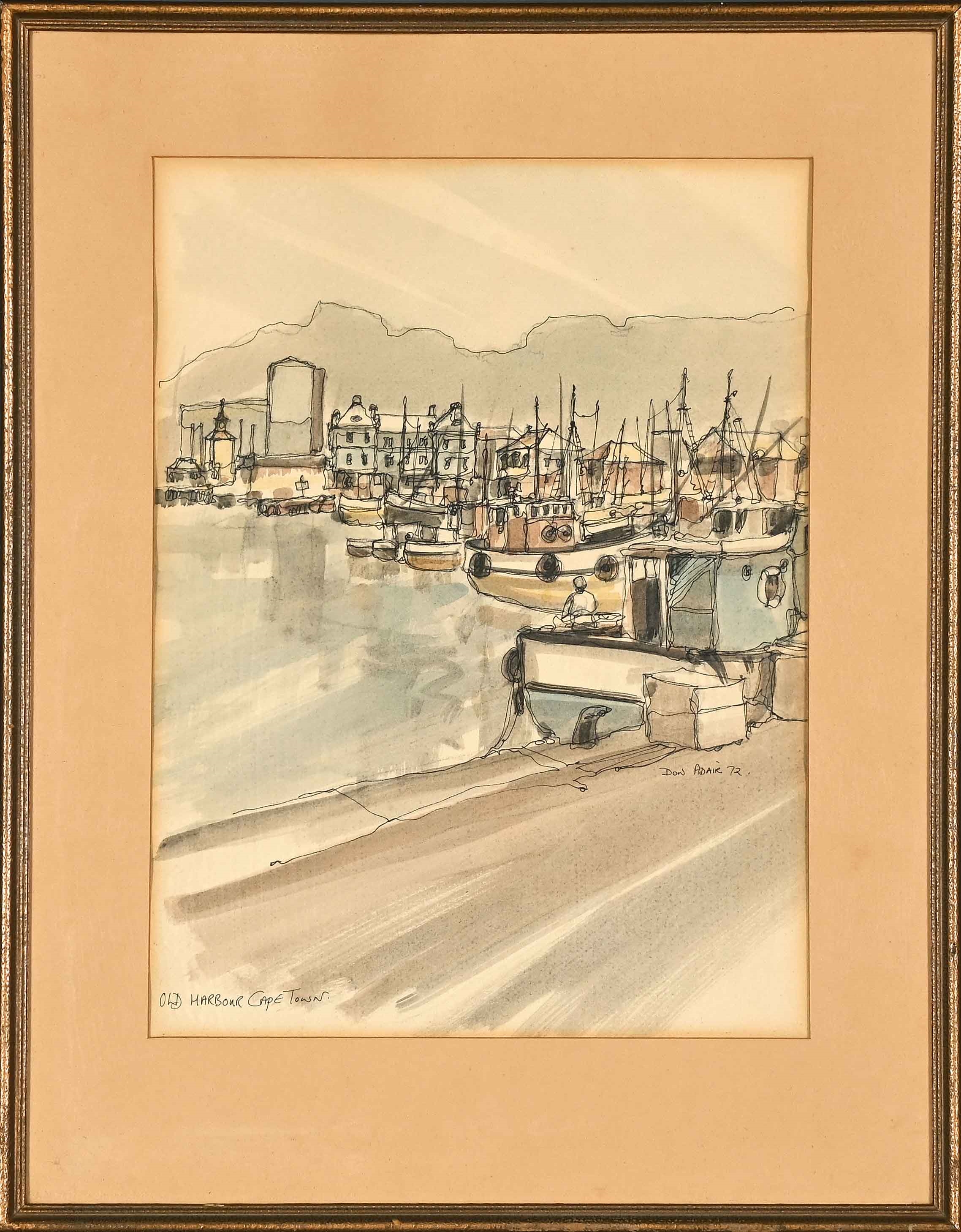 Artwork by Don Adair, Old Harbour, Cape Town, Made of watercolour and ink on paper