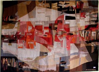 A vibrant abstract composition featuring a fragmented figure in bold reds and earth tones.