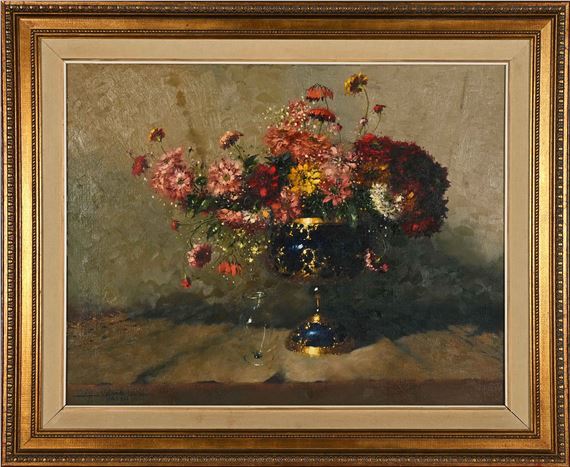 Still Life with Wild Flowers in a Gold and Blue Vase by Hennie Griesel