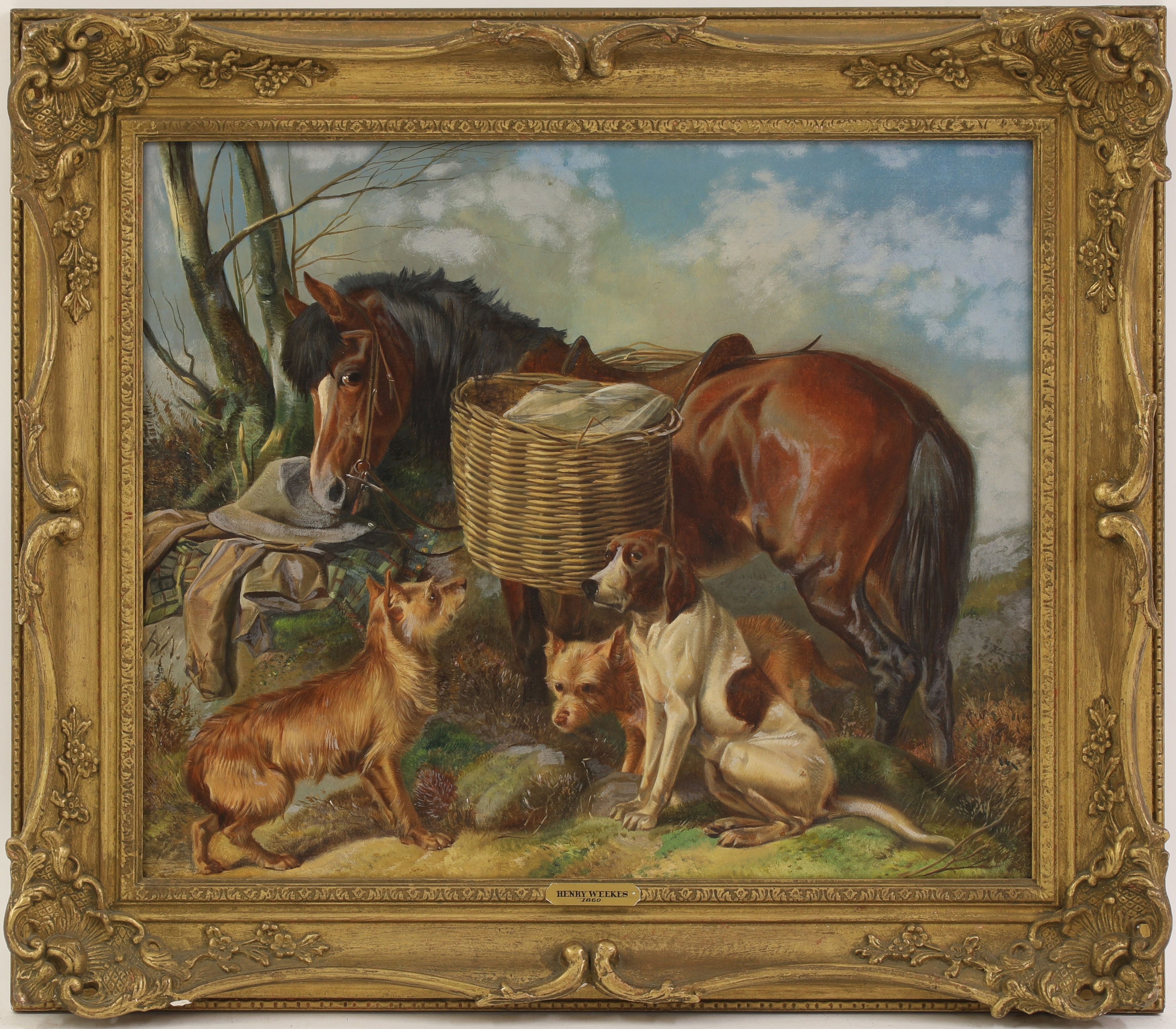 Henry Weekes Jr. | Horse with baskets and dogs (1860) | MutualArt