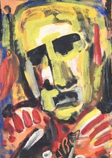 Artwork by Hans Breinlinger, Antlitz mit verschatteten Augen, Made of mixed media on on red paper