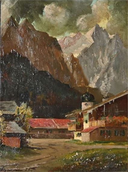 Gebirgsdorf mit Alpenkulisse by Oskar H. Hagemann, 1935