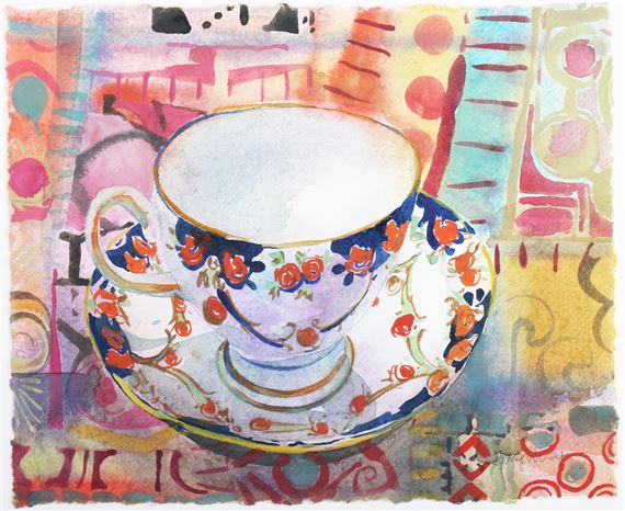 A whimsical watercolor still life featuring a floral teacup against an abstract, colorful background.