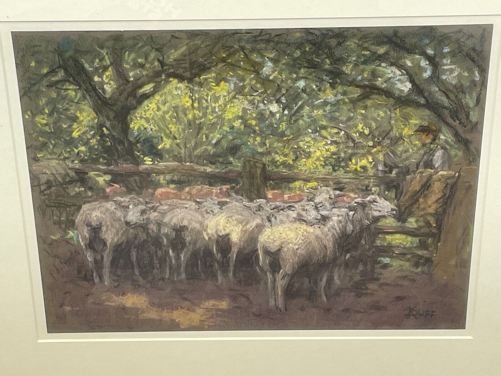 A flock of sheep stands in a sunlit wood pasture, tended by a figure leaning on a fence.