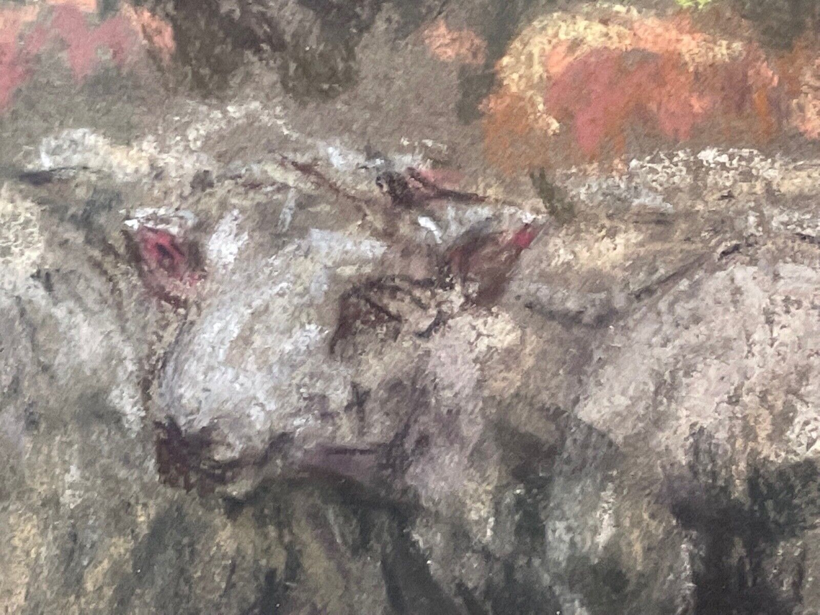 A flock of sheep stands in a sunlit wood pasture, tended by a figure leaning on a fence.