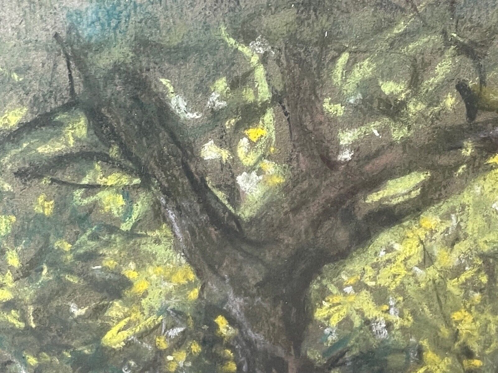A flock of sheep stands in a sunlit wood pasture, tended by a figure leaning on a fence.