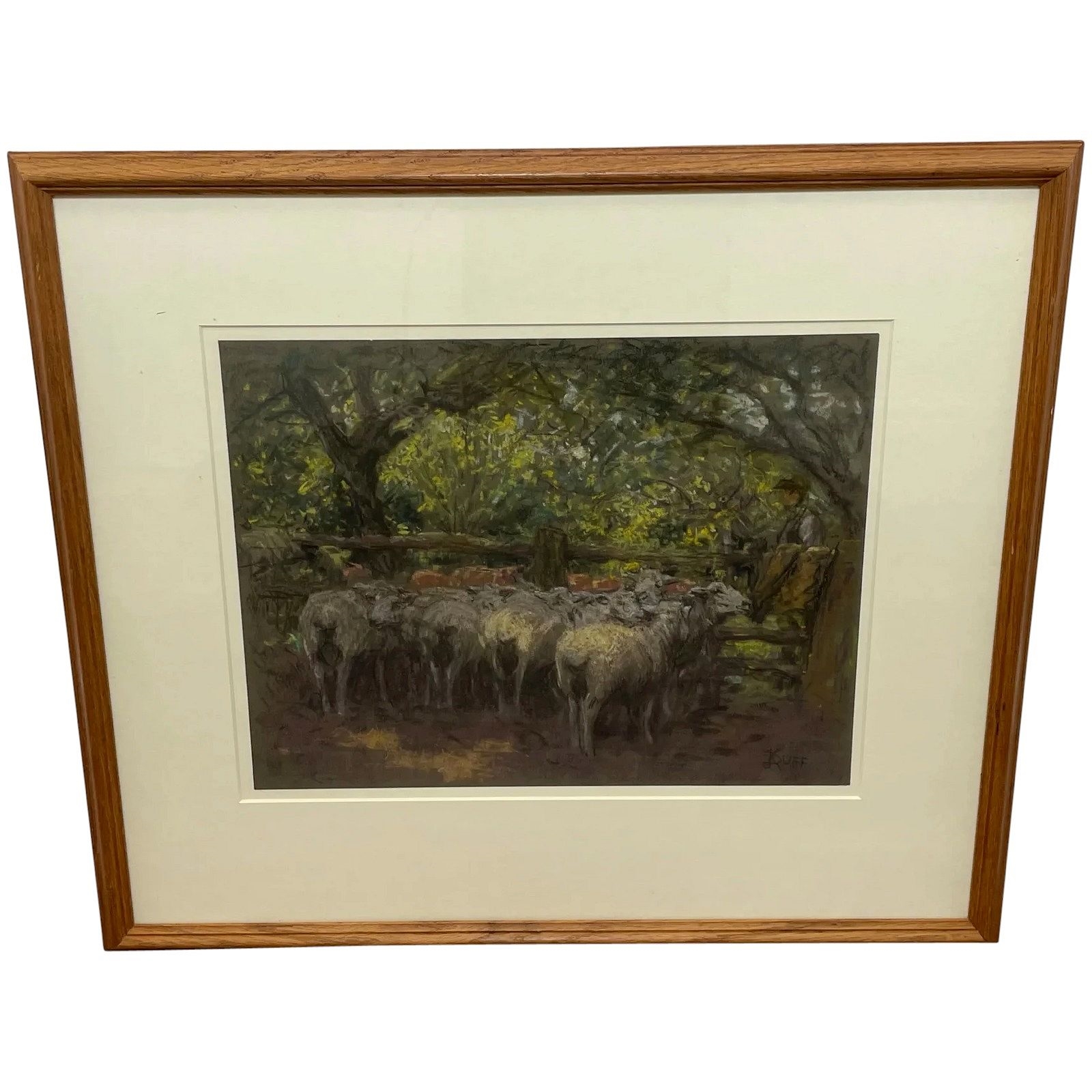 A flock of sheep stands in a sunlit wood pasture, tended by a figure leaning on a fence.
