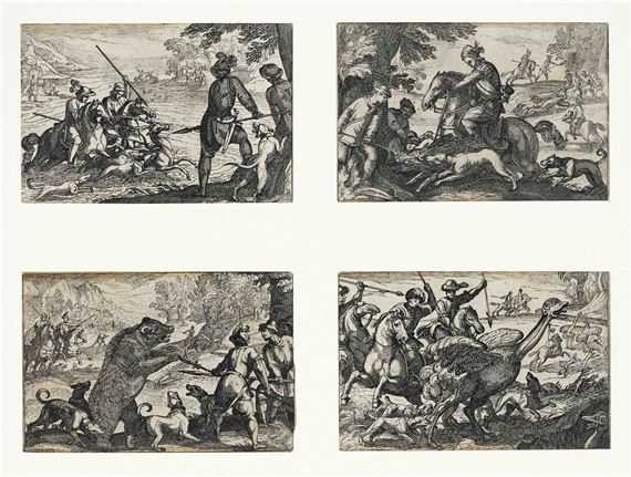 Four etchings with hunting scenes from ''Il primo libro di caccie varie'' by Antonio Tempesta, 1590