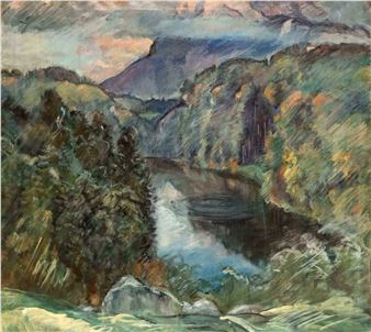 Hilly wooded landscape with lake - Hugo Ernst Schnegg