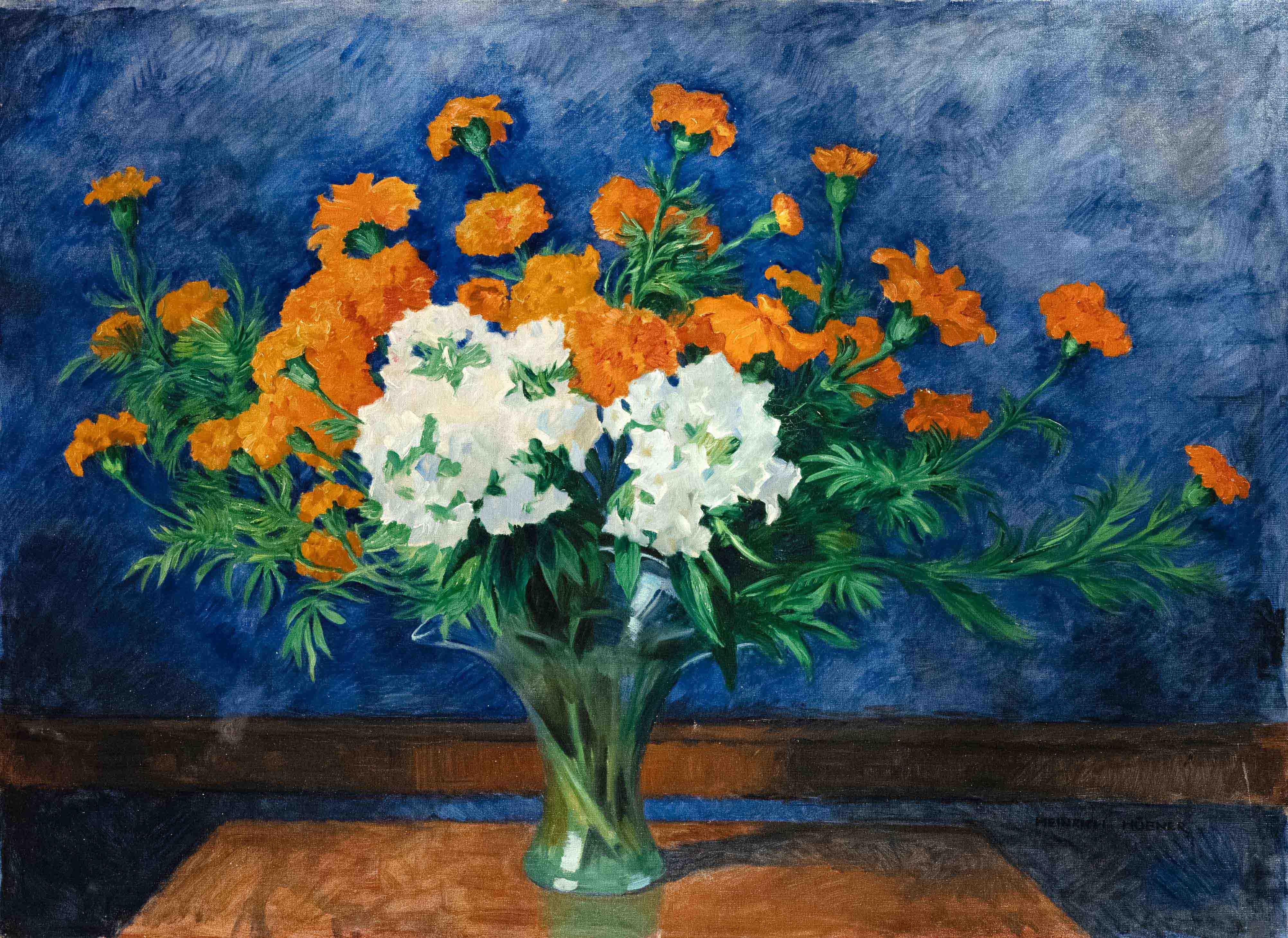 Heinrich Hübner | Bouquet of flowers in an Art Nouveau vase against a ...