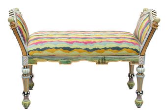 MacKenzie-Childs (American) Hand Painted Wood And Upholstered Bench H 29'' W 17'' L 44'' - Mackenzie Childs