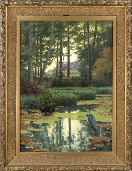 Large woodland with pond and heron by Hermann Hirsch
