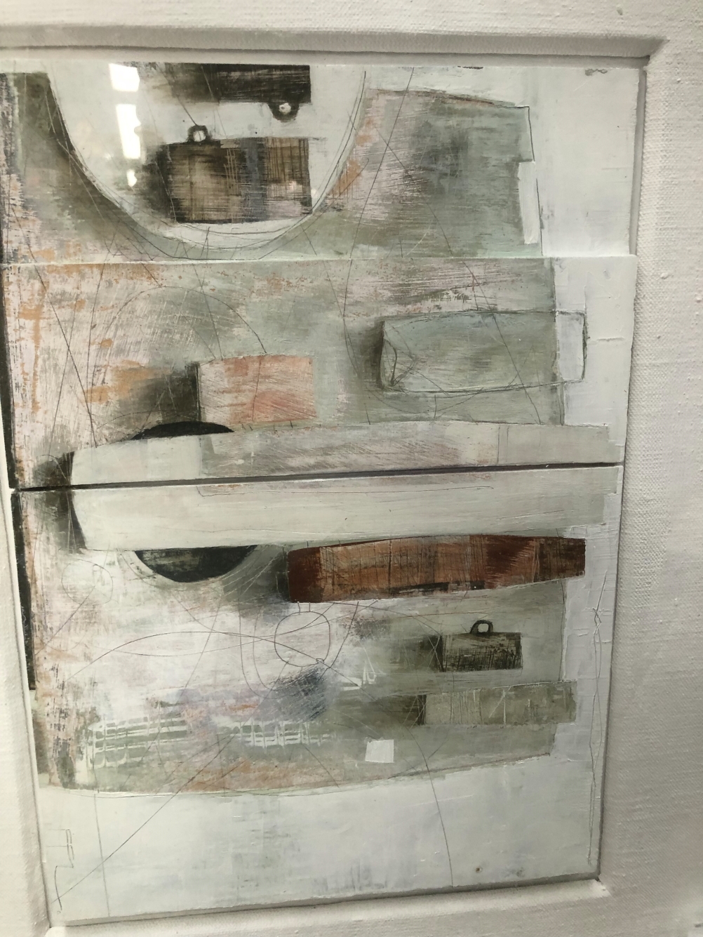 Artwork by Ffiona Lewis, POTS ACROSS - BLUE, TOGETHER WITH ANOTHER ENTITLED GREEN TABLE ACROSS, Made of oil on board