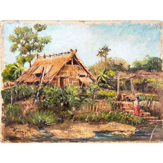 Filipino Landscape with Cabin, River, and Woman by Vicente Rivera y Mir