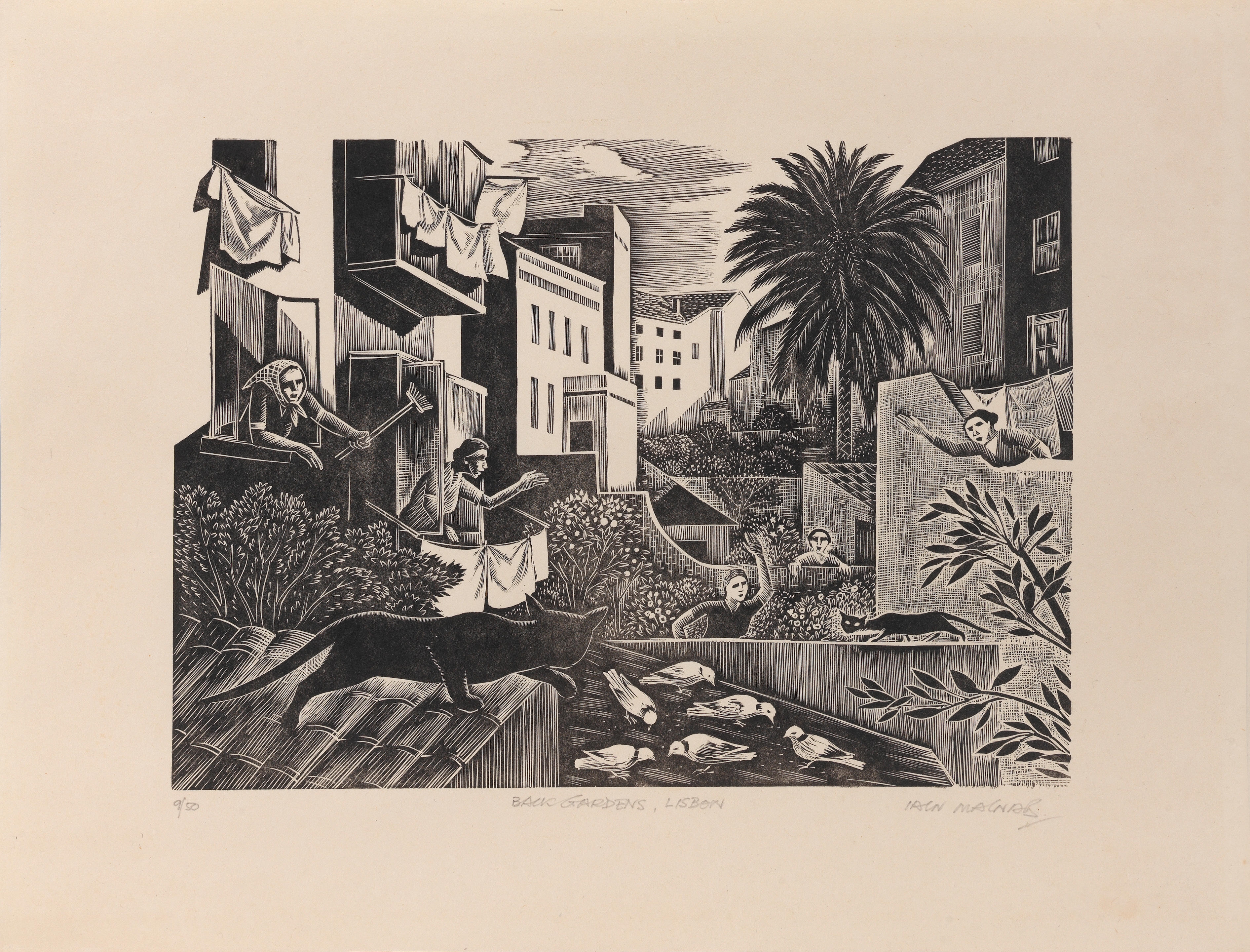Artwork by Iain MacNab, Back Gardens, Lisbon, Made of wood engraving