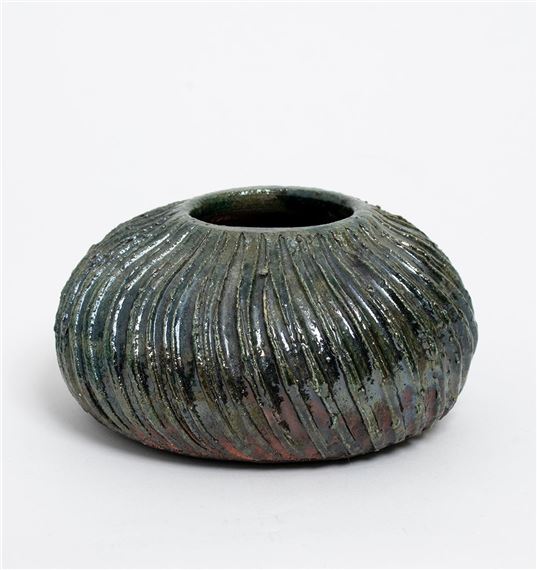 TIM ISAAC | Mottled Green Raku Vessel | MutualArt