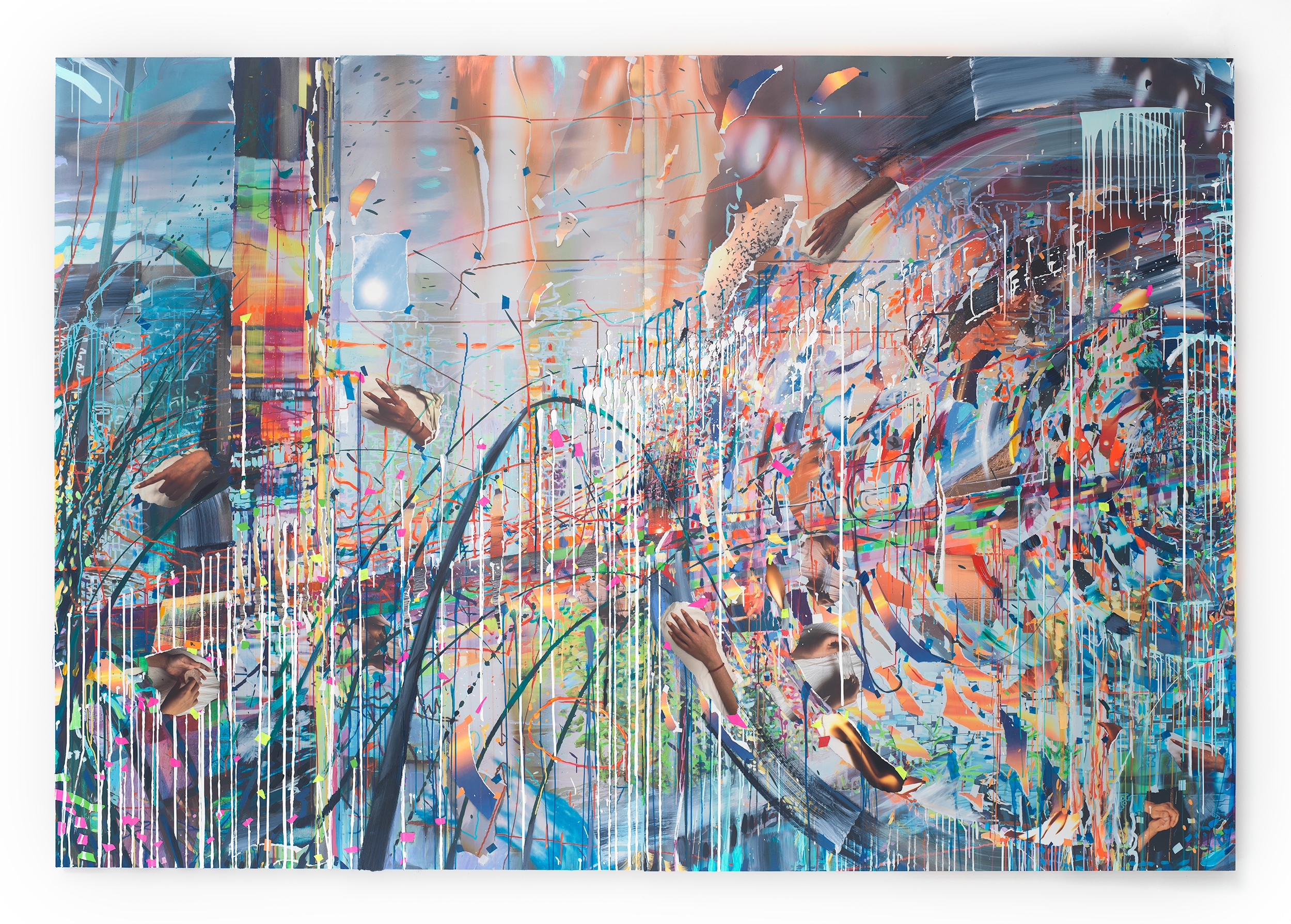 Artwork by Sarah Sze, Spell, Made of Oil paint, acrylic paint, inkjet prints, acrylic polymers, string, and ink on diabond, aluminum, wood and paper