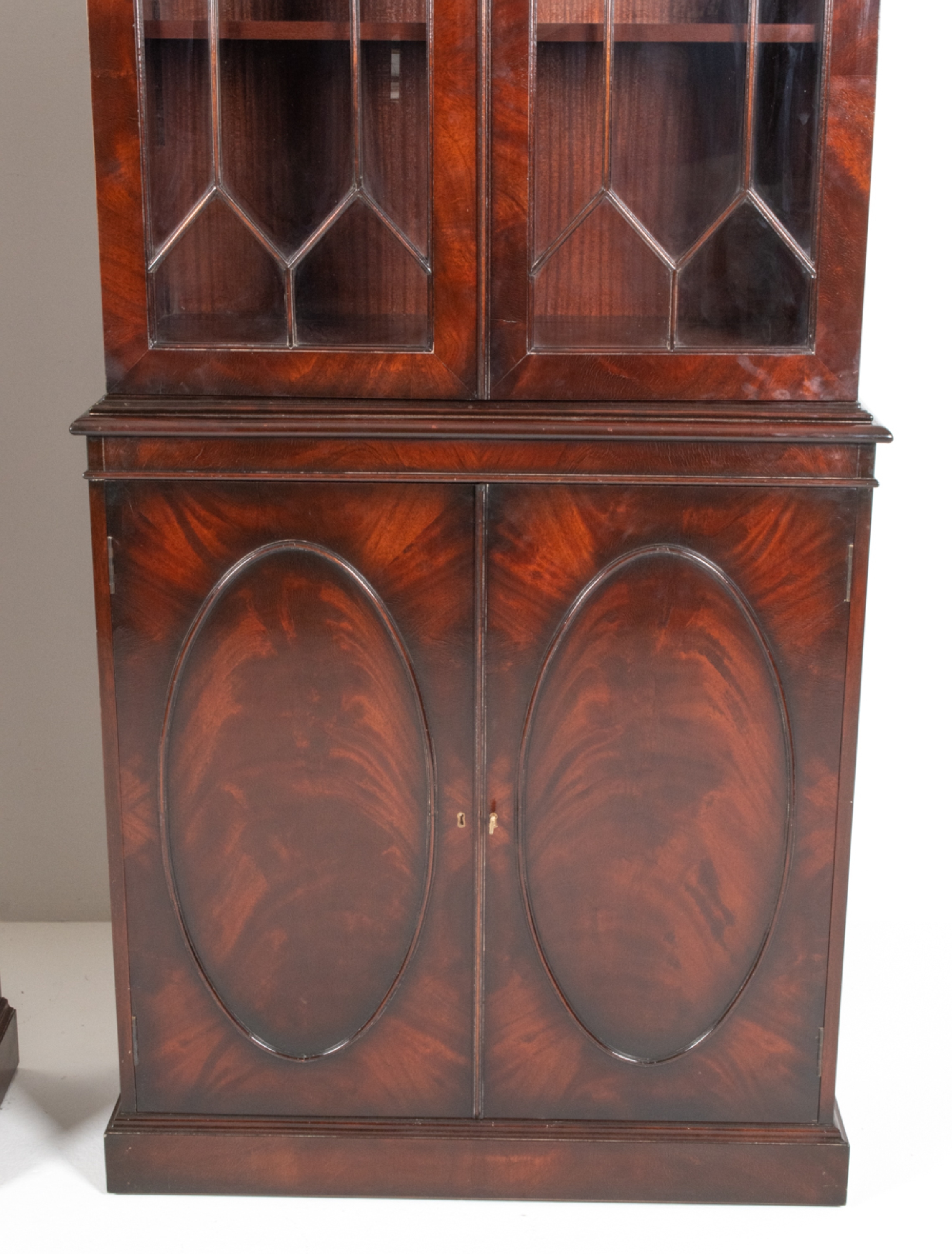 Artwork by W. Montague, PAIR W. MONTAGUE FLAME MAHOGANY DISPLAY CABINETS, Made of mahogany