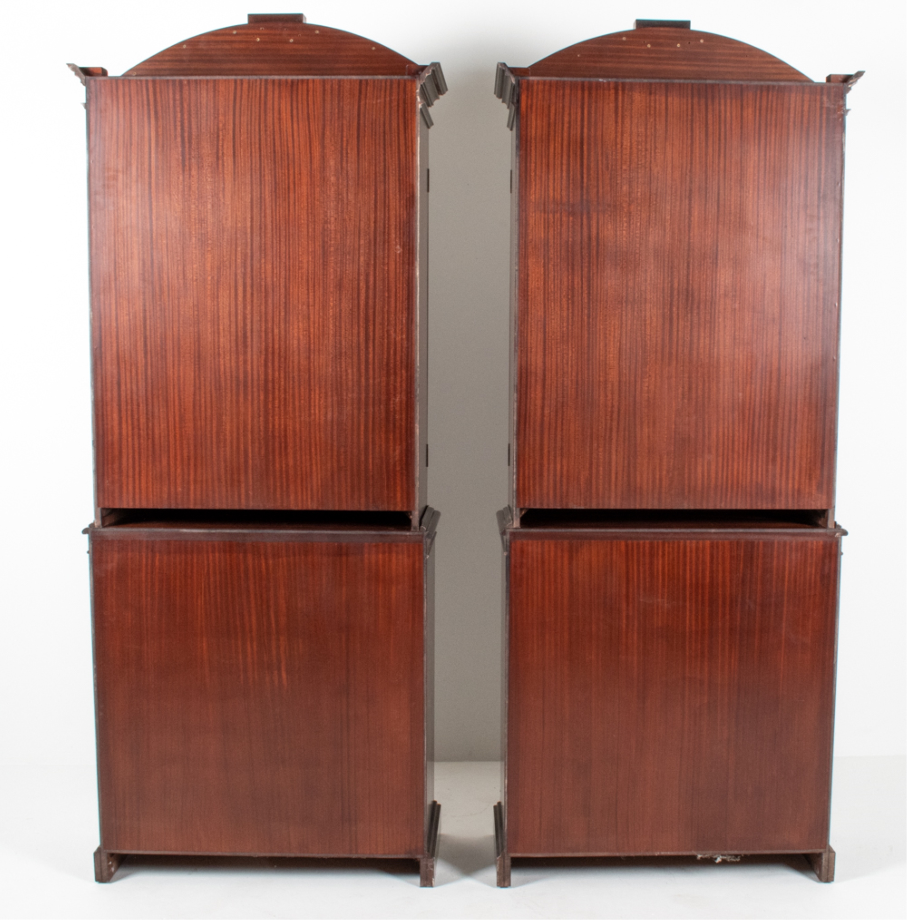 Artwork by W. Montague, PAIR W. MONTAGUE FLAME MAHOGANY DISPLAY CABINETS, Made of mahogany