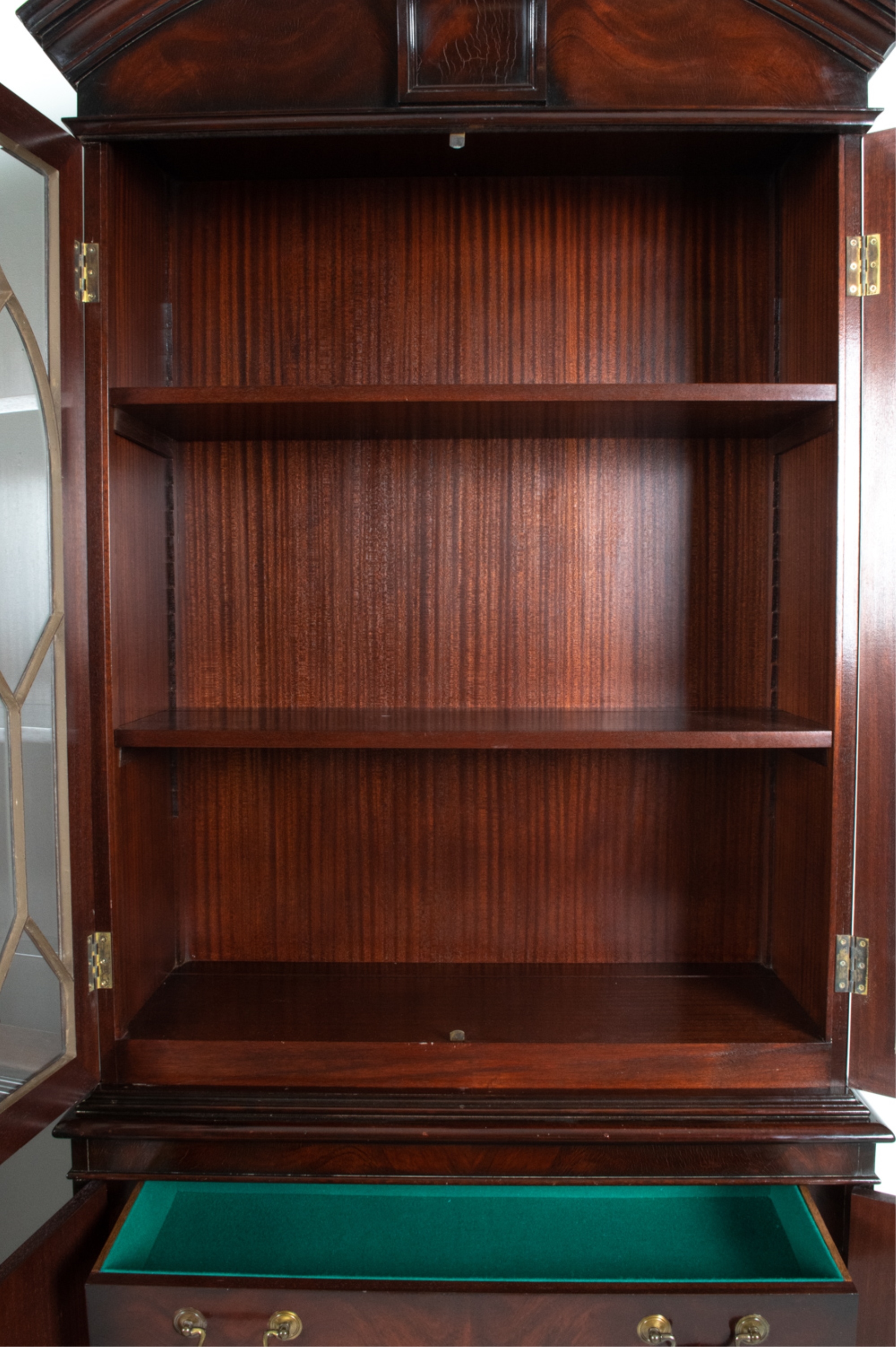 Artwork by W. Montague, PAIR W. MONTAGUE FLAME MAHOGANY DISPLAY CABINETS, Made of mahogany