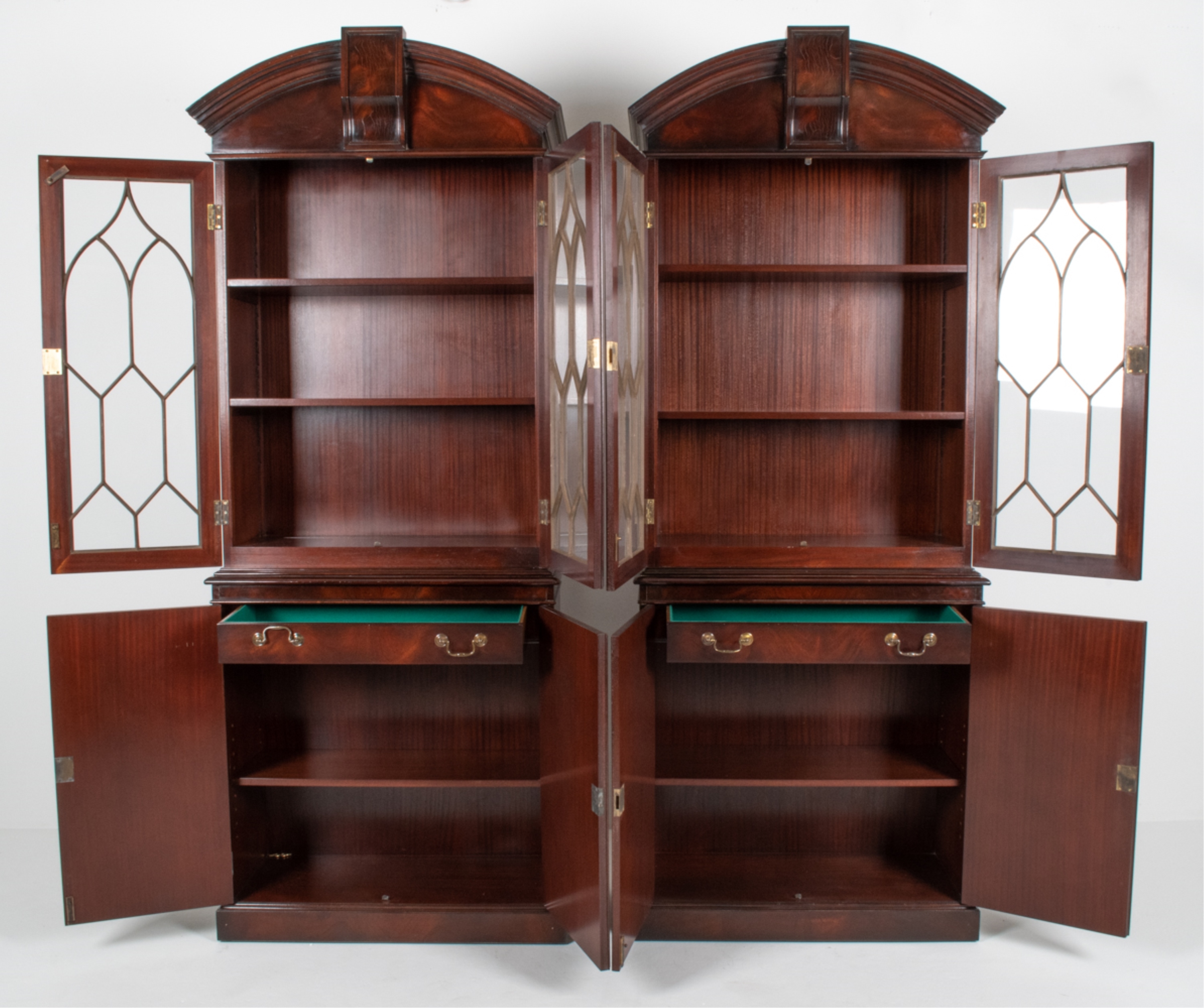 Artwork by W. Montague, PAIR W. MONTAGUE FLAME MAHOGANY DISPLAY CABINETS, Made of mahogany
