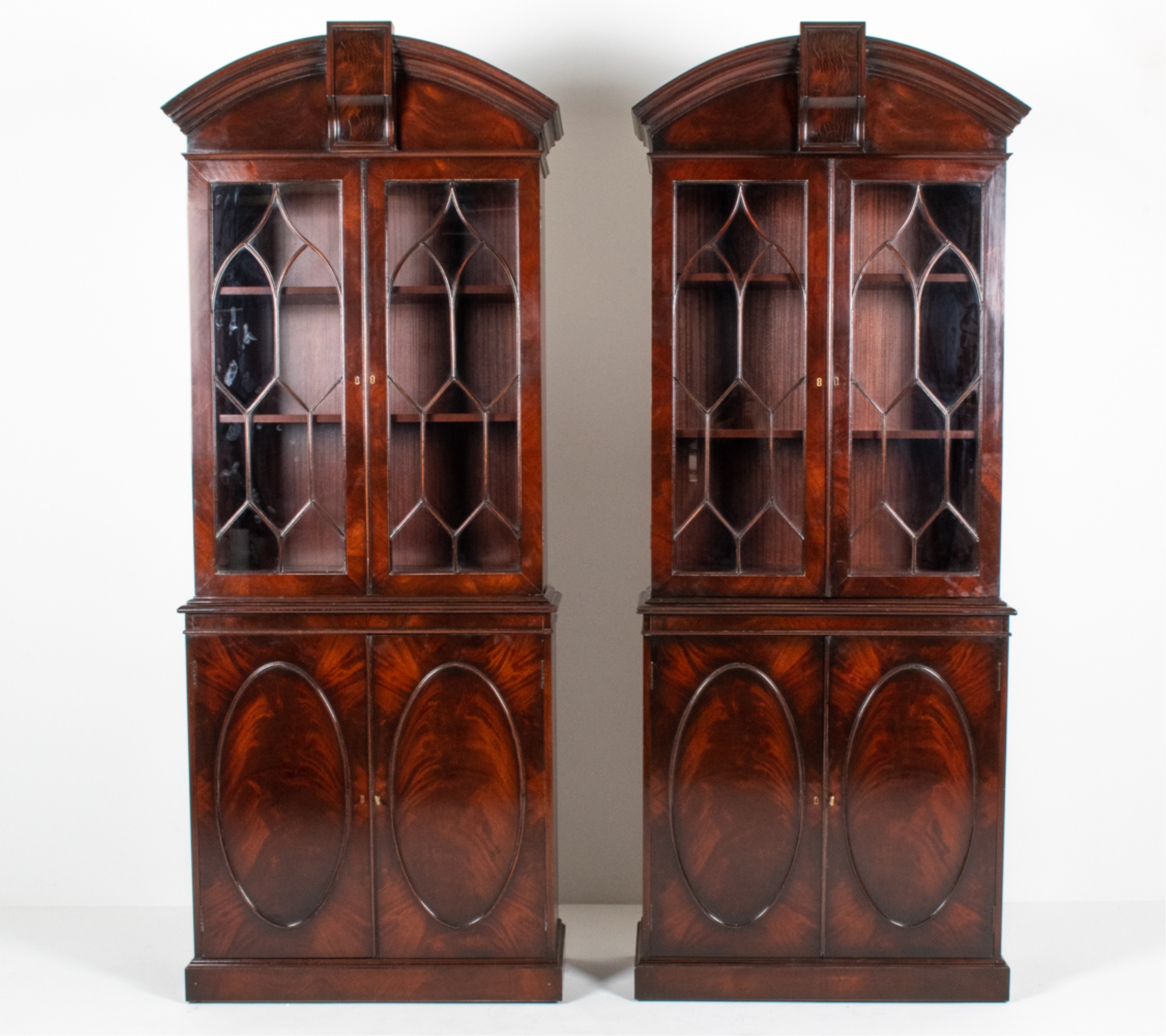 Artwork by W. Montague, PAIR W. MONTAGUE FLAME MAHOGANY DISPLAY CABINETS, Made of mahogany