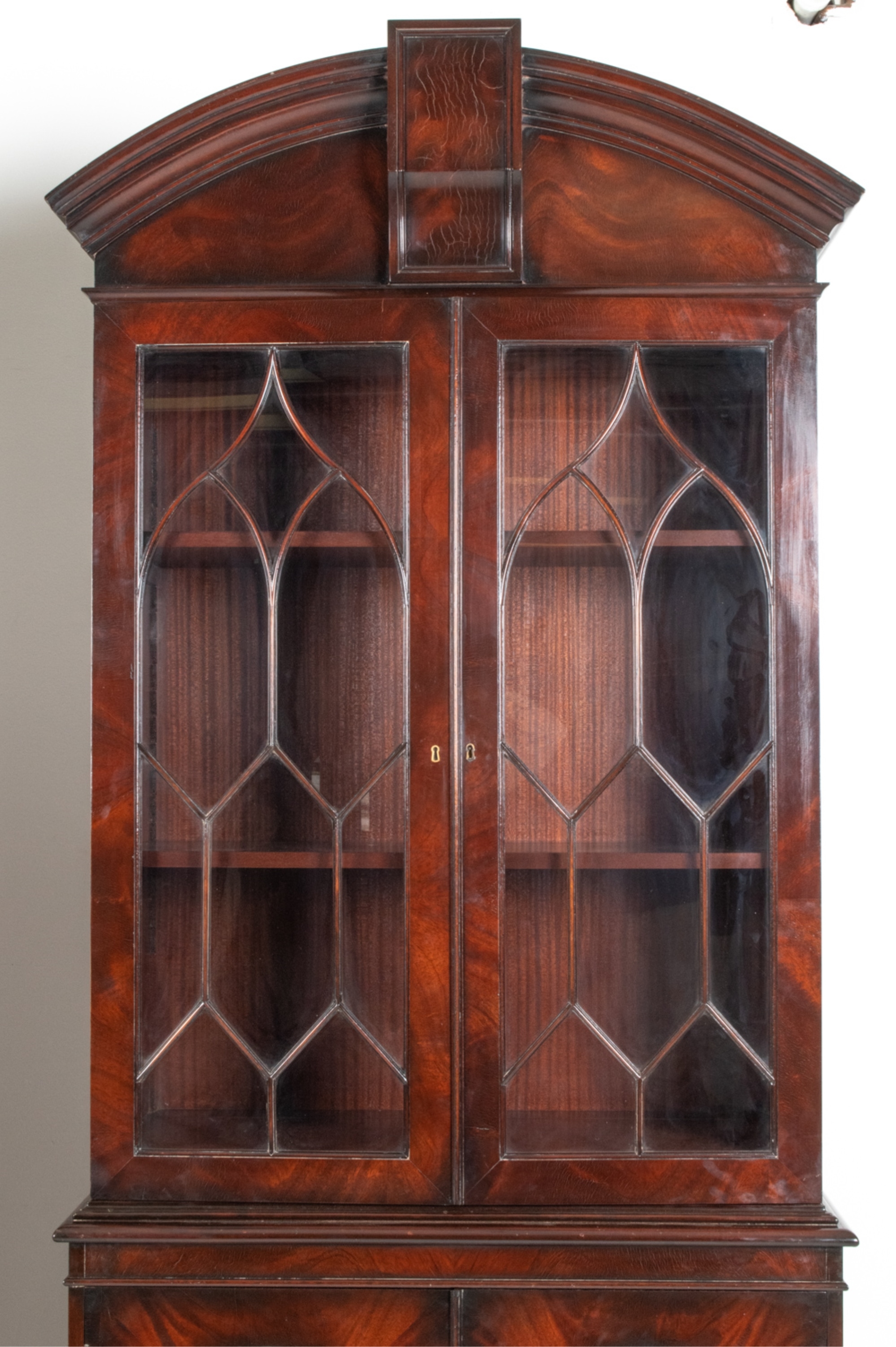 Artwork by W. Montague, PAIR W. MONTAGUE FLAME MAHOGANY DISPLAY CABINETS, Made of mahogany