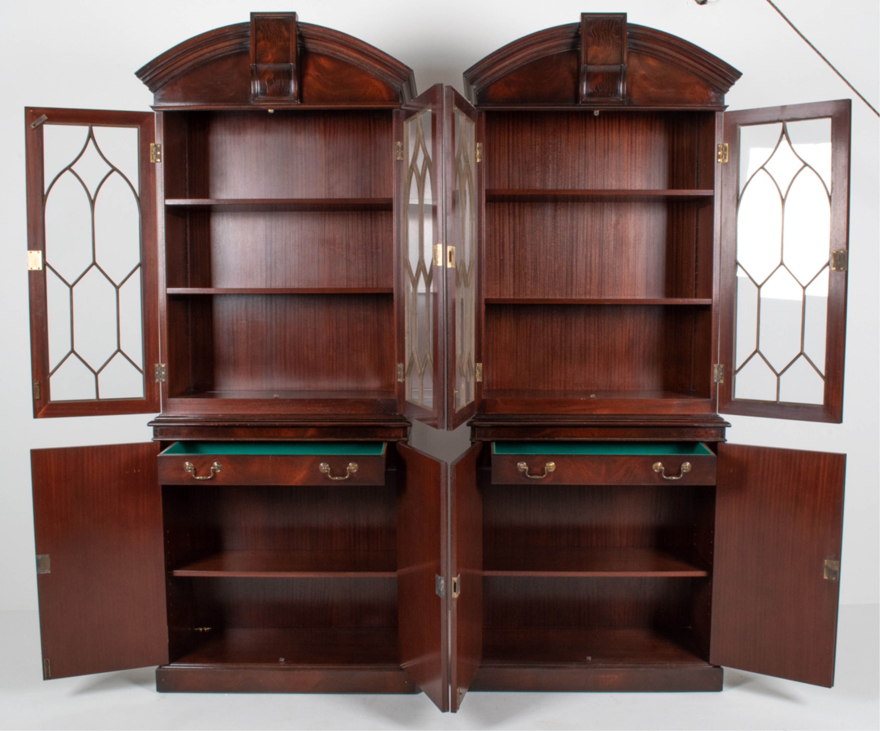 Artwork by W. Montague, PAIR W. MONTAGUE FLAME MAHOGANY DISPLAY CABINETS, Made of mahogany